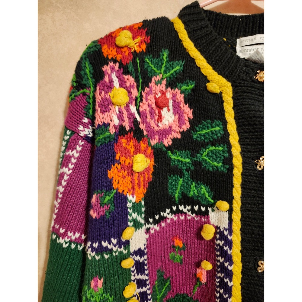 Jennifer Reed Vintage Hand Knit Floral Cardigan Pom Pom Shoulder Pads Medium - Picture 2 of 11